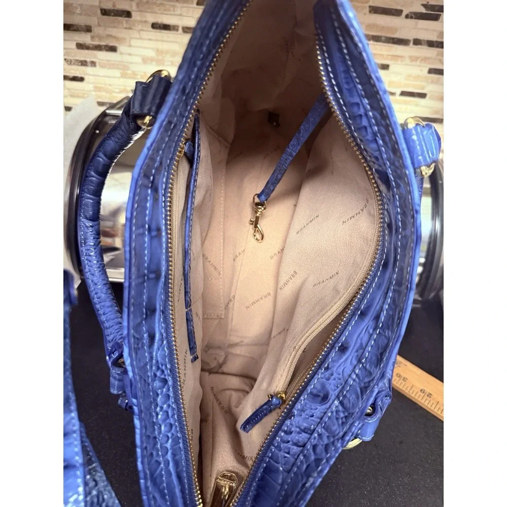 Brahmin Small Lena Satchel Croc Iris Blue Leather Shoulder Handbag Vtg Unused